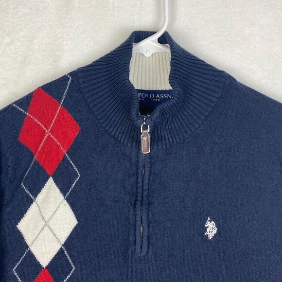 U.S Polo Assn Sweater Mens Large Blue Argyle 1/2 Zip Pullover Mock Neck Casual - Picture 3 of 7